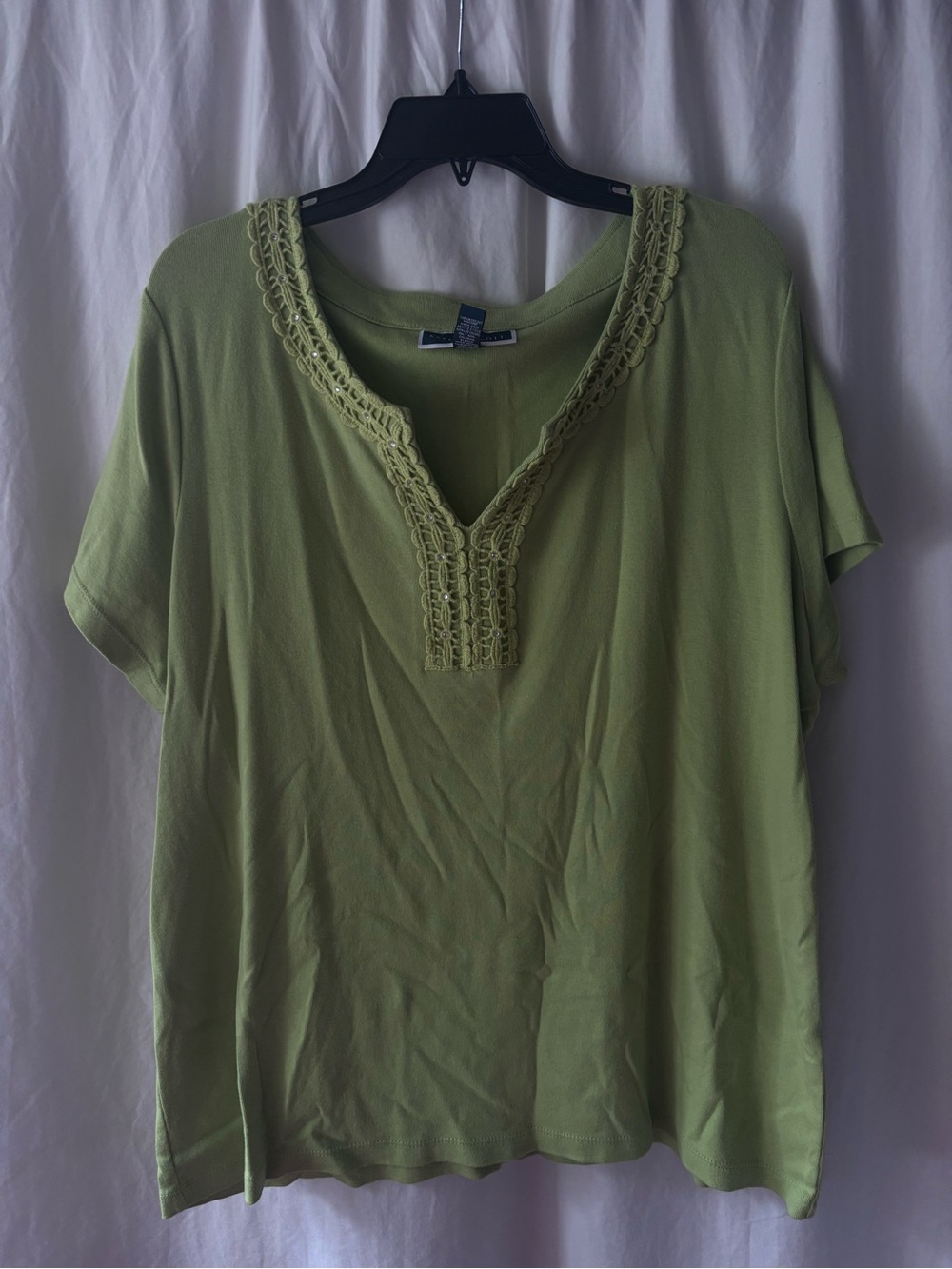 Karen Scott Light Green Crochet-Trim Short Sleeve Top